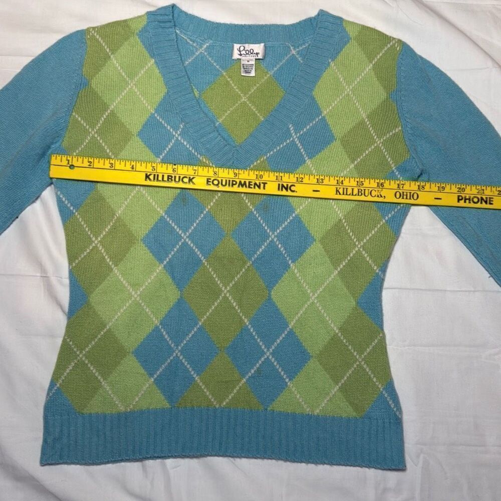 Lilly Pulitzer cashmere spandex argyle sweater size medium blue green small stai - Picture 9 of 9